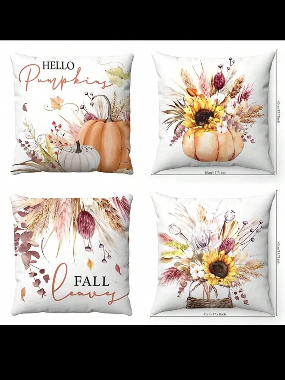 NWT- Set of 4- Fall- Pumpkin & Sunflower Decorative Throw Pillow Covers 18x18